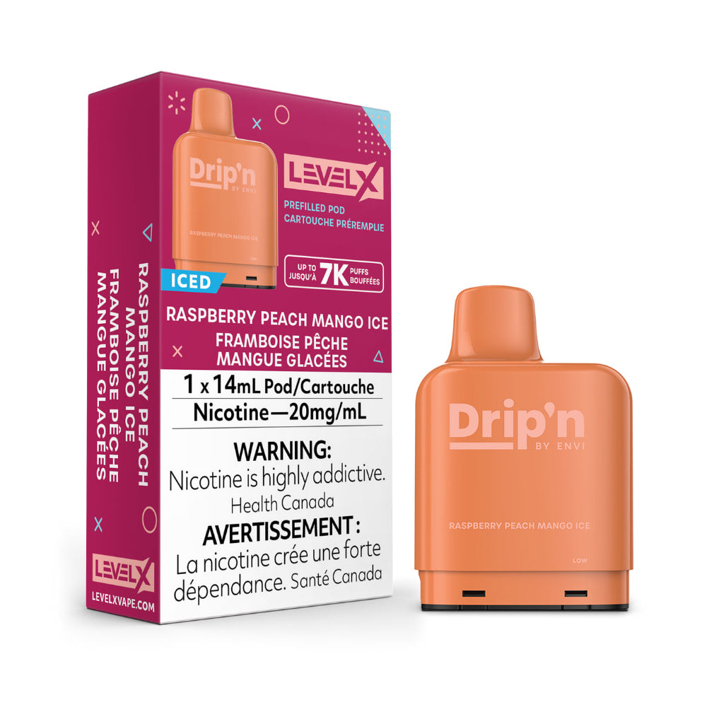 Level X Drip'n Prefilled Pod 14mL Raspberry Peach Mango Ice 7000 Puffs 20mg